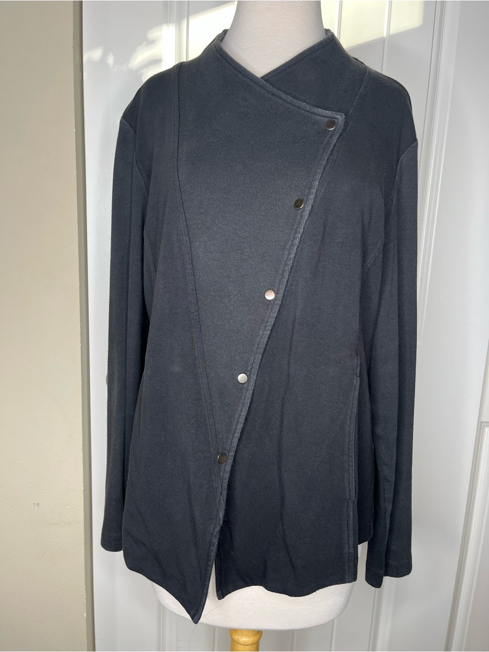 Eileen Fisher Black Asymmetrical Jersey Jacket Military Minimalist Button Large